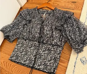 Free People Beatrice Mesh Blouse Top Floral Printed Ruffle Smocked Sz L thumbnail 9