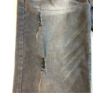 Risen Wide Ankle Flare Jeans Black 38”x28” Mid Rise‎ Distressed Raw Hem Stretch thumbnail 4