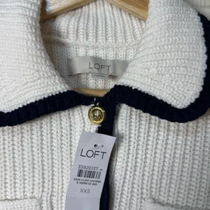 Loft tipped ribbed sweater‎ jacket cream navy blue trim xxs thumbnail 7