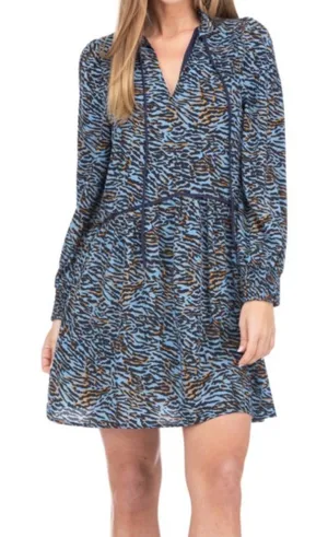 Joy Joy Women Animal Print Blue Tie Neck Long Sleeve Tiered Dress XS‎ thumbnail 1