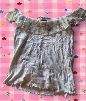White and Floral Print top with ruffle trim thumbnail 1