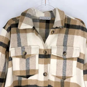 Wanna B Me Plaid Shacket Brown Cream Tan‎ Button Front Size L thumbnail 2