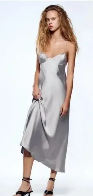 NEW Zara Silver Satin Effect Cut-Out Back Maxi Midi Dress Women's Size XL Luxury thumbnail 1