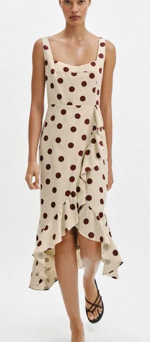 Zara Cream Dress with Brown Polka Dots and Ruffle High-Low Hem thumbnail 1