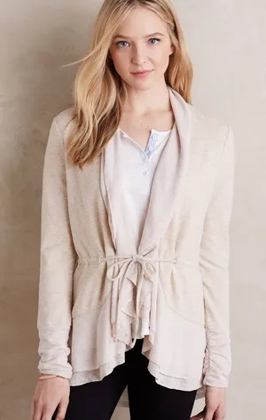 Anthropologie Saturday Sunday‎ Oatmeal Matanie Tie Closure Ruffle Cardigan thumbnail 1