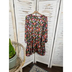 COMPANIA FANTASTICA Women's XL Satin Multicolor Floral Shift Dress Ruffle Hem thumbnail 14