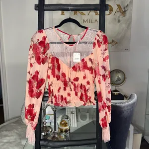 Free People Daphne Floral Lace Smocked Long Sleeve Blouse Romantic Combo Size XS thumbnail 2