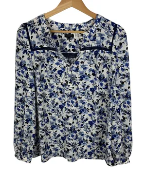 Talbots Floral Button Down Shirt Small‎ Blue Cottage Preppy Office Lightweight thumbnail 1