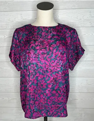 Unbranded vintage 80's purple/green floral cap sleeve top Size Medium thumbnail 1
