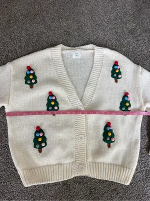 Luna Ivy Christmas Tree Pom Pom Cardigan Sweater Ivory Women’s M thumbnail 5
