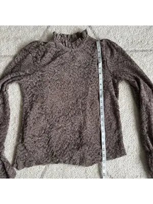Eri + Ali Anthropologie Brown Floral Lace Blouse Ruffle High Neck Bell Sleeve thumbnail 3
