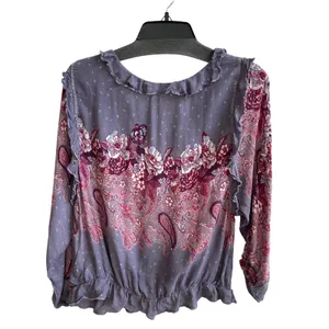 Free People Blouse Womens Medium Purple Boho‎ Paisley Floral Ruffle Peplum Top thumbnail 4