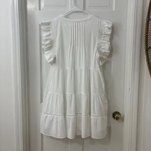 Free The Roses White Cotton Tiered Mini Dress S Ruffle Pintuck Boho Coastal Rush thumbnail 3