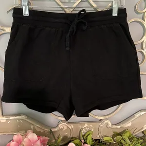 The Comfy Black Knit Shorts Elastic Drawstring Waist Cotton thumbnail 4