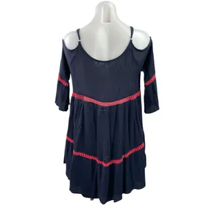 Entro Navy Blue Red Tassel Cold Shoulder Lace Boho A Line Mini Dress Size M thumbnail 3