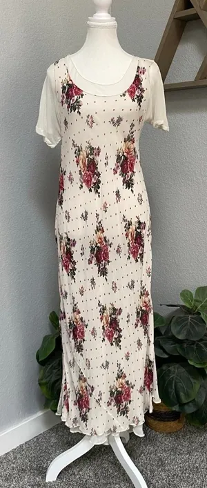 Nostalgia Cream Floral Maxi Dress Layered Short Sleeve Polka Dot 100% Rayon thumbnail 1