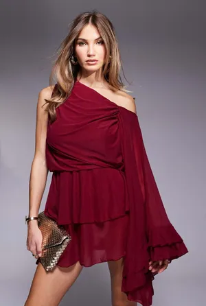 ASOS DESIGN stretch chiffon one sleeve ruffle mini dress in burgundy Size S thumbnail 1