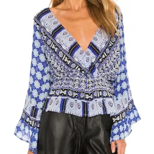 NWT Free People Rosalie Blouse Top‎ Indigo Combo Smocked Bell Sleeve Size Small thumbnail 1