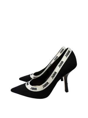 Dior J’Adior Logo Ribbon Black Canvas Slip On Pointed Toe Pumps Size 38 thumbnail 7