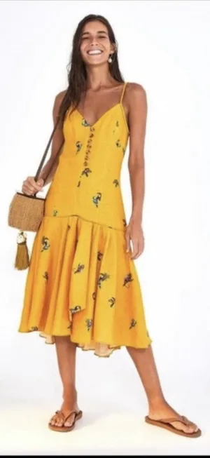 Farm Rio 100% Linen Jungle Tucanos Button Midi Yellow Embroidered Dress Sz XS thumbnail 1