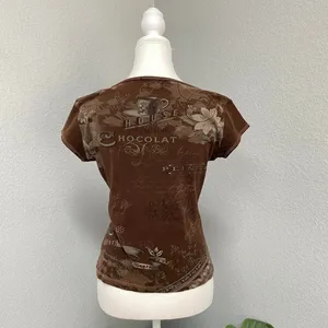 Y2k Brown Baby Tee Chocolate Espresso Coffee Floral Short Sleeve Rhinestone thumbnail 4