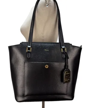 Ralph Lauren Newbury Modern Pocket Tote Shoulder Bag‎ Black Textured Leather thumbnail 1