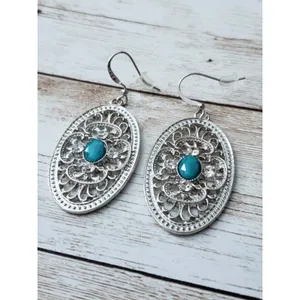 Silver Tone Ornate Dangle with Turquoise Tone & Clear Gems Large - New thumbnail 2
