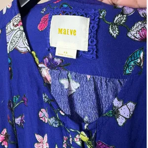 Maeve Anthropologie Floral Butterfly‎ Mini Dress Blue V-Neck Smocked Waist XS thumbnail 4