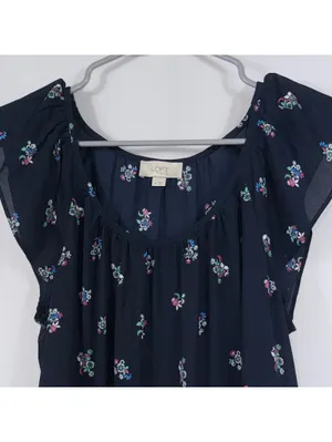 LOFT Outlet Navy Floral Flutter Sleeve Blouse M thumbnail 2