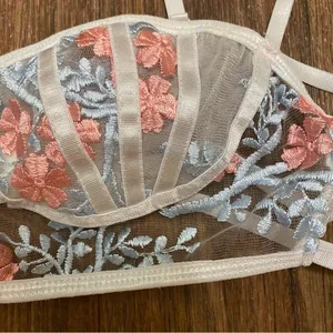 Shein Womens Bra Bralette S Small 34” Beige Sheer Pink & Blue Embroidered Floral thumbnail 2