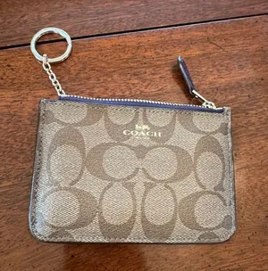 Coach Signature Canvas Zip Card Pouch with Keyring - Brown/Tan thumbnail 1