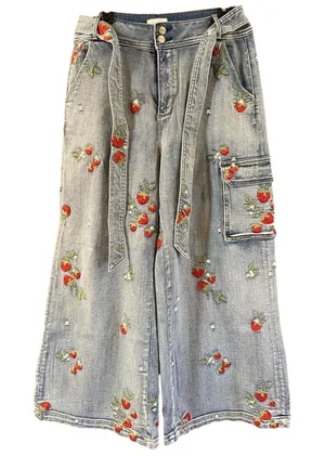 Anthropologie Driftwood Olivia High Rise Cargo Jeans Sz 33 Strawberries Wide Leg thumbnail 1