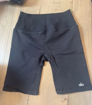 Alo High-Rise Ribbed Black Bike Shorts thumbnail 1