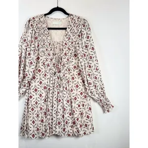 ZARA Mini Dress Beige Floral Puff Sleeve V Neck Lace Up Ruffle A Line Boho XS thumbnail 6