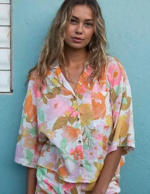 Billabong All Good Button Up Shirt Multicolor Floral Size Medium thumbnail 1