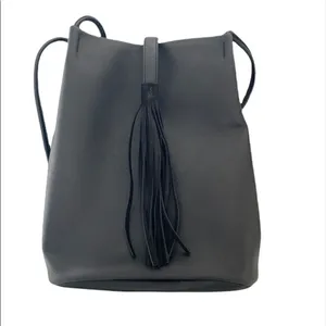 Lucky Brand Black Vegan Leather Tassel Tote Double Handle Bucket Bag thumbnail 3