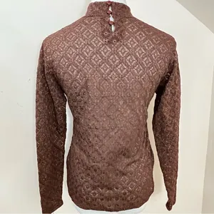 Manuela Semi Sheer Brown Lace/ Crochet Mock Neck Long Sleeve Top S thumbnail 3