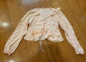 Free People Boho Ruched Peplum Top Large Peach Chevron Romantic Blouse thumbnail 1