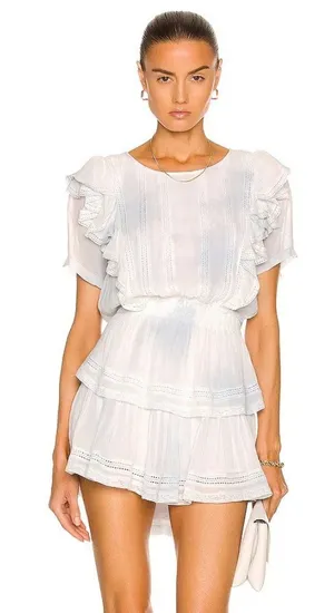 NWT LoveShackFancy Natasha Mini in Bedroom Blue Hand Dye Ruffle Viscose Dress L thumbnail 1