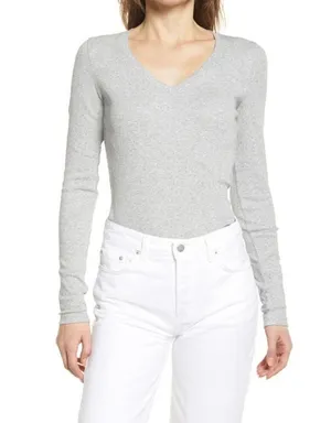 Nordstrom Heather Grey V Neck Long Sleeve Shirt S thumbnail 1