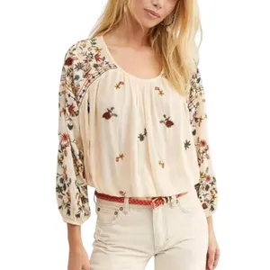 FREE PEOPLE Wild Flowers Embroidery Blouse Sz S Cream Crepe Boho Western Gypsy thumbnail 3