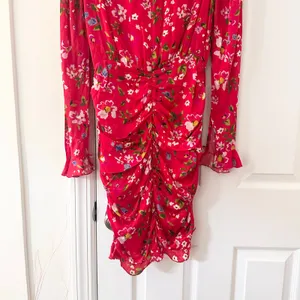 Sau Lee Red Floral Print Ruched Skirt Long Sleeve Fitted Sheath Mini Dress 2 thumbnail 7