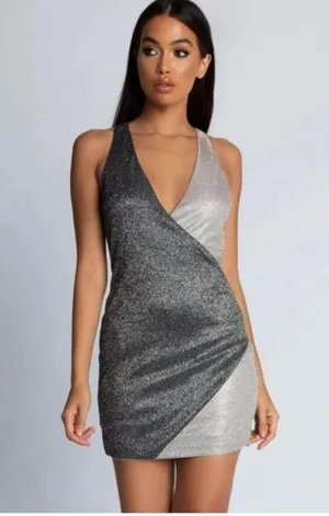 MESHKI NEW Two-Tone Glitter Wrap Dress Black Shimmer Size Medium thumbnail 2