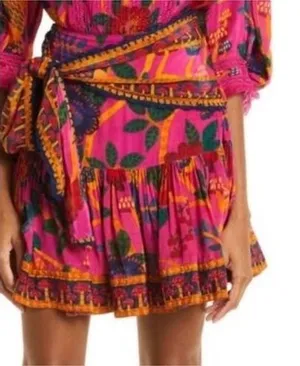 Farm Rio Mini Skirt Pink Tropical Bird Mushroom Print Wrap Tie Tiered Ruffle M thumbnail 1