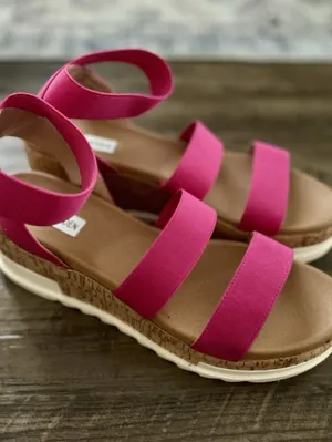 Steve Madden Bandi Fuchsia Pink Elastic Strap Cork Platform Wedge Sandals Sz 9.5 thumbnail 2