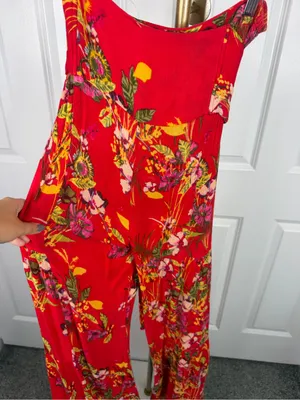 Free People Red Floral Wide Leg Pants Size M Boho High Rise Rayon thumbnail 9