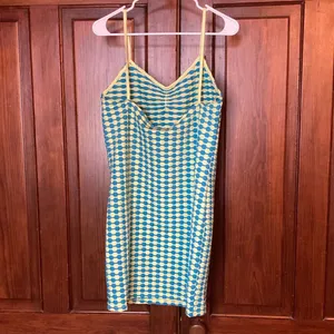 Mango New Cami Bodycon Waffle Textured Mini Sleeveless Dress Blue Yellow Size 10 thumbnail 2