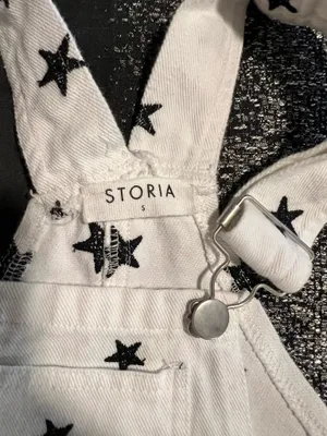 Womens small Storia White denim black star print pinafore/overall dress thumbnail 8