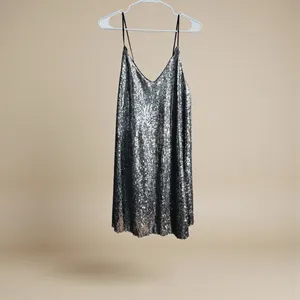 NWT‎ Zara Women's Small Sequin Spaghetti Mini Slip A-line Dress Silver Sparkle thumbnail 2