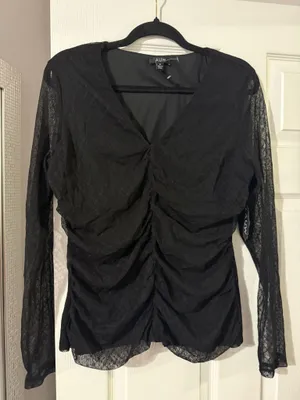 Black long-sleeve sheer/mesh lace ruched V-neck top thumbnail 1